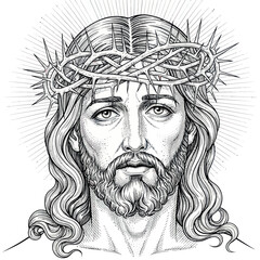Detailed Line Art Portrait of Jesus Christ with Crown of Thorns.