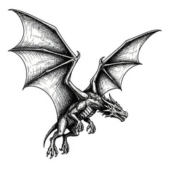 Detailed Sketch of a Dragon in Flight with Spread Wings.