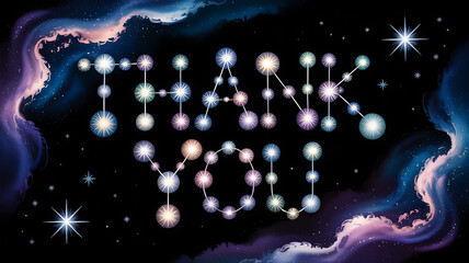 Colorful thank you text formed by glowing orbs on transparent background