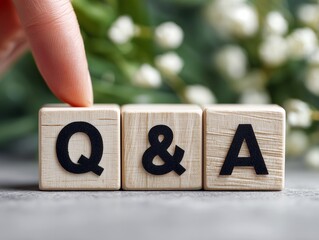 指で触れた木製ブロックのQ&Aが疑問解決と質問対応を分かりやすく示す案内イメージ