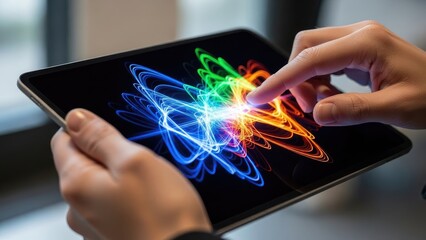Hands interacting with a digital tablet displaying a colorful abstract glowing design, technology concept.