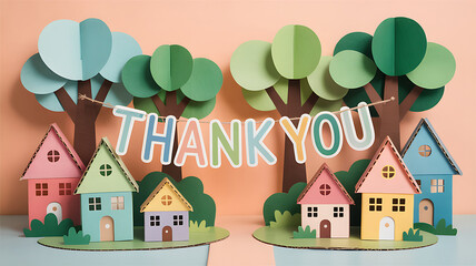 Papercraft village scene with trees and houses a thank you message on transparent background