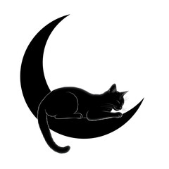Silhouette of a Black Cat Resting on a Crescent Moon.