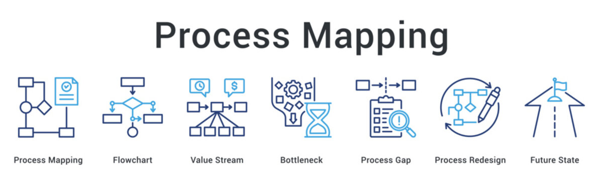 Process Mapping banner web icon visualizes workflow through flowcharts identifying bottlenecks and gaps for redesign.
