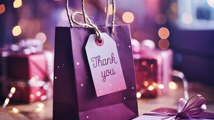 Purple gift bag with thank you tag bokeh lights on transparent background