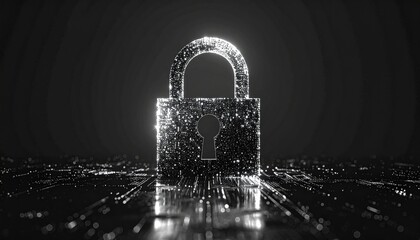Sparkling padlock with a futuristic circuit board ground in grayscale, symbolizing digital security and data protection