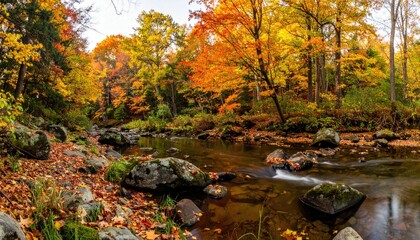 A river meanders through a colorful autumn forest. Foliage is vibrant with red, orange, and yellow leaves