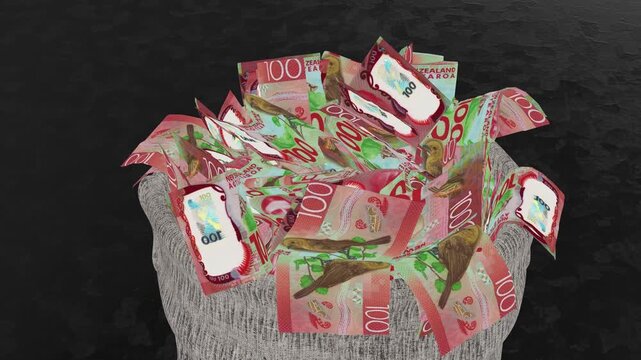 Cloth sack overflowing with New Zealand 100 dollar notes, representing accumulated savings, steady income growth, and expanding financial reserves.