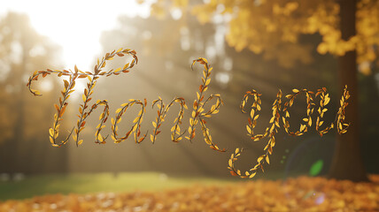 Autumn leaves forming the words thank you on transparent background