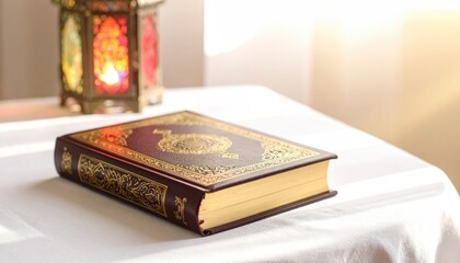 Ornate book, centered, sits on a bright white tablecloth next to a stained glass lantern, warmly lit by the sun