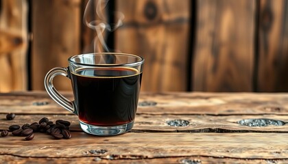 Steaming cup of dark roast coffee on rustic wooden table, dark roast, image