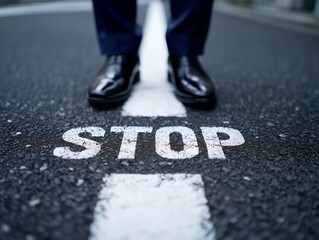 道路に描かれたSTOP表示の前で立ち止まる革靴の足元が示す判断と決断のビジネスイメージ