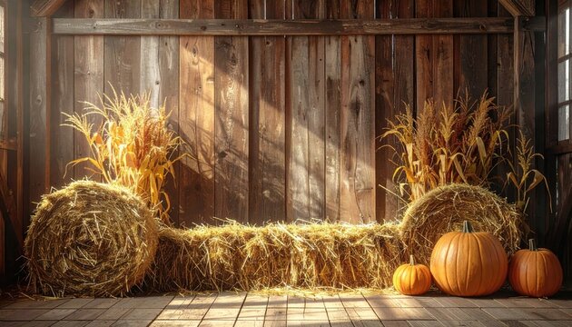Rustic farm scene with hay bales, pumpkins, and corn stalks against a weathered wooden wall