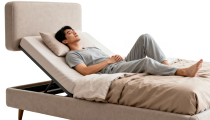 Bedroom scene showing a person resting with headofbed elevation to aid breathing and posture correction emphasizing lifestyle and health improvement.