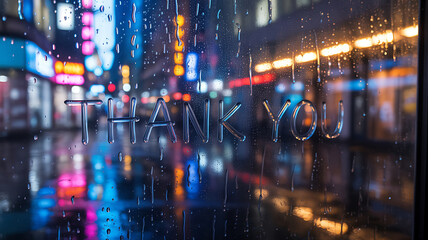 Rainy city window with thank you text blurred lights on transparent background