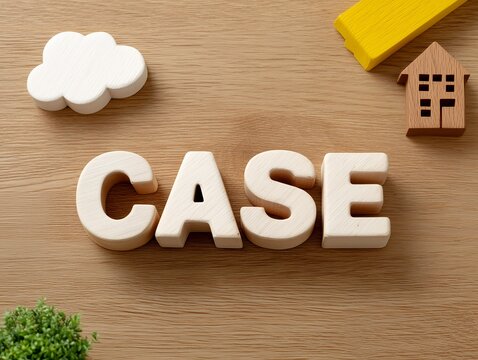 木製アルファベットCASEと家のオブジェで示す具体例と事例紹介を分かりやすく伝えるイメージ