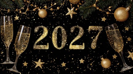 Gold glitter 2027 text, champagne flutes and holiday decor on black background for New Year greeting cards or party branding