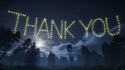 Glowing thank you message formed by lights over forest on transparent background