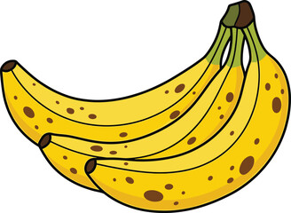A bunch of ripe yellow bananas with brown spots on a white background