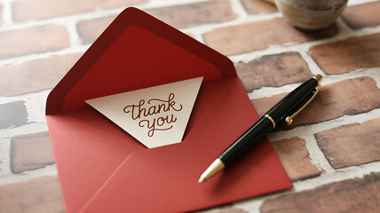 Red envelope with a thank you card and pen on transparent background