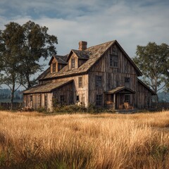 Obraz premium Old Wooden House in Rural Landscape.