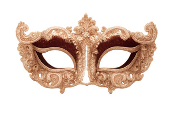 Ornate gold masquerade mask featuring baroque swirls and intricate details, isolated on transparent background, symbolizing mystery