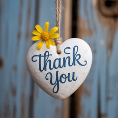 A white heart with thank you hanging from a rope on transparent background