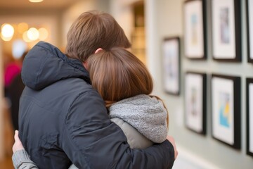 Couple embracing each other while visiting an art exhibition, experiencing connection and togetherness indoors