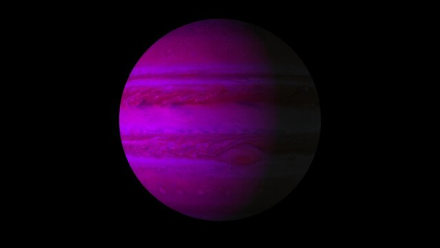 A vibrant purple gas giant planet with distinct horizontal bands and swirling cloud formations set against a deep black void of space
