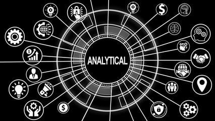 Fototapeta premium Central circle with ANALYTICAL text surrounded by radiating lines and business-related icons on a black background
