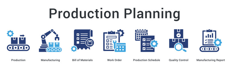 Production planning banner web icon organizes manufacturing bill of materials work orders and quality control processes.
