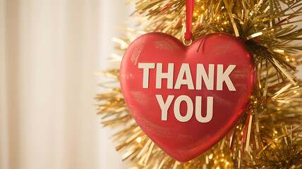 Red heart shaped thank you ornament hanging on a golden christmas tree on transparent background