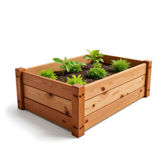 Wooden raised garden bed with fresh plants on white background, gardening