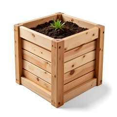 Wooden raised garden box with soil and plant, gardening inspiration