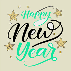 Elegant 'Happy New Year' calligraphy with shimmering golden stars on a light background, perfect for festive holiday greetings, celebration designs, and seasonal banners