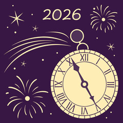Vibrant illustration of a New Year's Eve celebration with a classic clock counting down to midnight, fireworks, and sparkling stars against a dark sky, heralding the year 2026