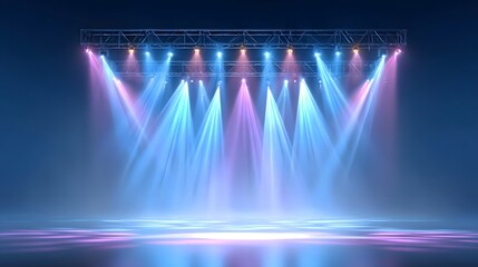 Dynamic stage lighting illuminates a smoky performance space with brilliant blue and pink spotlight beams creating an energetic atmosphere on a reflective floor