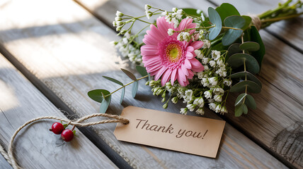 A vibrant pink gerbera bouquet with a thank you tag on transparent background
