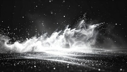 Grayscale abstract image of swirling, glowing mist with bokeh lights over an undulating surface of dots