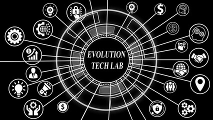 Fototapeta premium Evolution Tech Lab Concept with Central Text and Peripheral Business Icons technology innovation