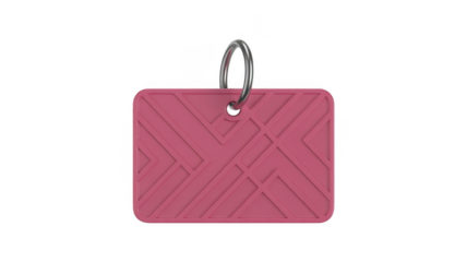 Dark pink silicone tag with geometric pattern and metal ring isolated on a transparent background