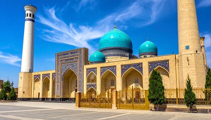 Islom Ota Mosque in Tashkent, Uzbekistan. Stunning Islamic architecture with a turquoise blue dome under a bright sky. Travel & religion.