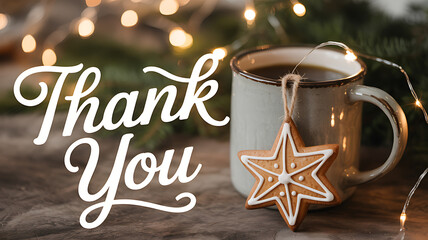 Festive thank you with hot drink and star cookie on transparent background