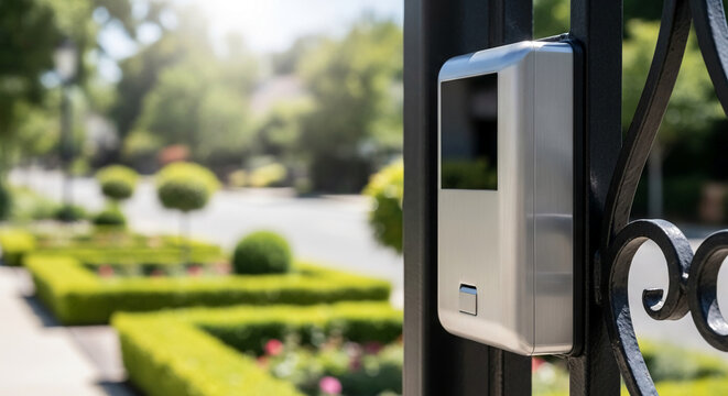 Stainless steel access control panel mounted on wrought iron gate, blurry garden background showcasing modern security technology in a residential setting