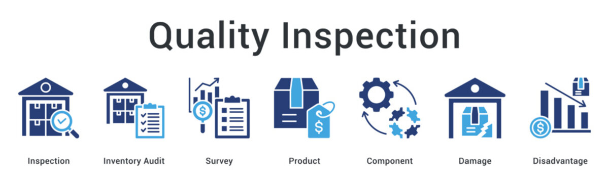 Quality inspection banner web icon covering audits, surveys, product components, and damage assessment procedures.