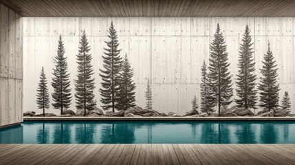 Modern Pool with Pine Trees Reflection.
