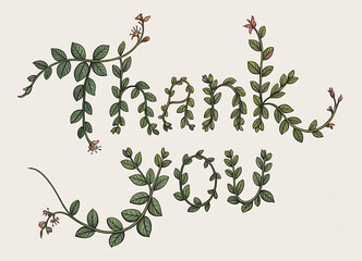 Floral thank you typography illustration with green leaves and red buds on transparent background