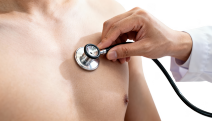 Closeup of clinicians hands holding stethoscope on patients chest during routine heart examination isolated on white background.