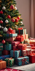 Pile of wrapped presents under a Christmas tree ,  surprise,  decorated tree