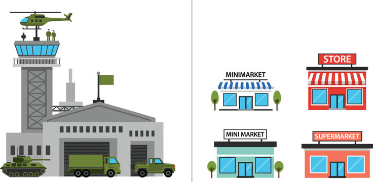 Military base and retail store building illustration set featuring defense facilities minimarket supermarket and urban commerce architecture